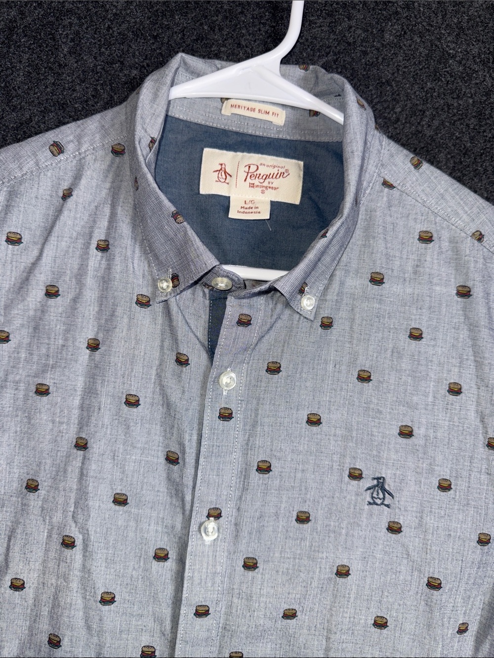 Original Penguin Chambray Blue Button-Down Shirt with Burger Motif